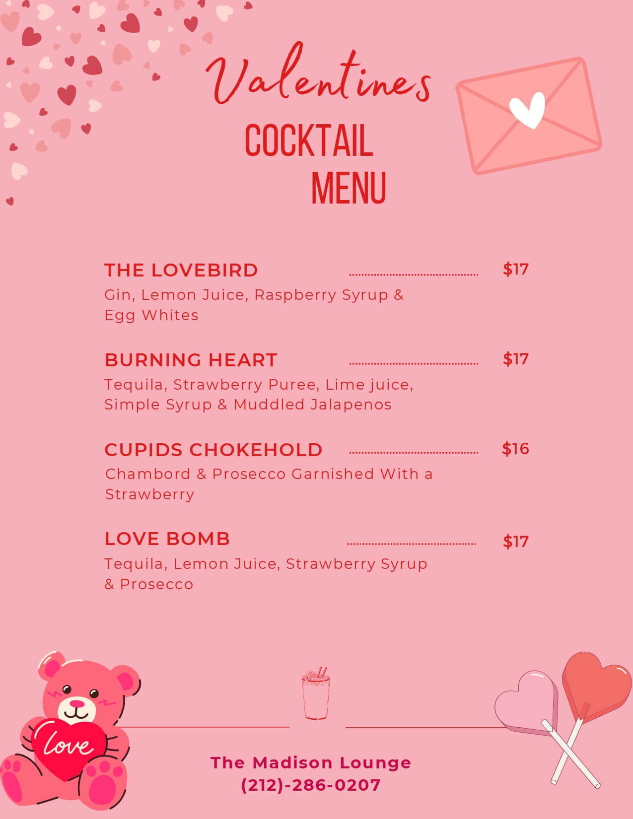 Valentine’s Day cocktail menu at The Madison Lounge featuring romantic drinks including The Lovebird, Burning Heart, Cupid’s Chokehold, and Love Bomb